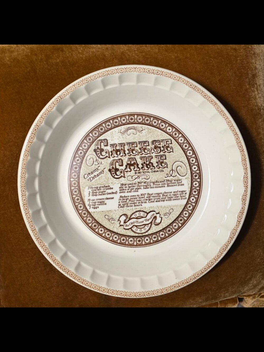 Royal China Ceramic Country Harvest Cheese Cake Recipe Pie Plate Vintage USA